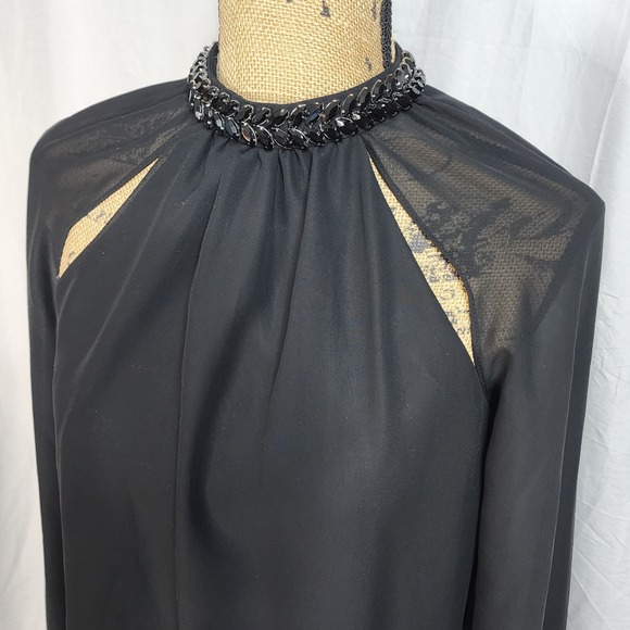 JESSICA SIMPSON Size Small Sheer Black Chiffon Rhinestone Collar Open Sleeve Top - Picture 2 of 16